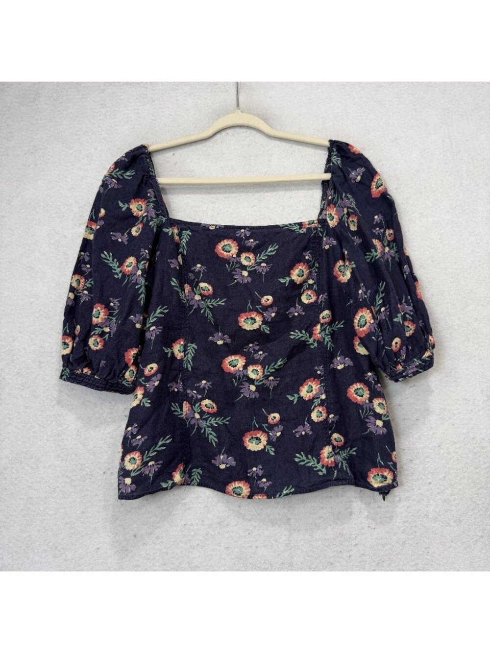 Polo Ralph Lauren Blouse Womens 14 Blue Linen Floral Square Neck Puff Sleeve